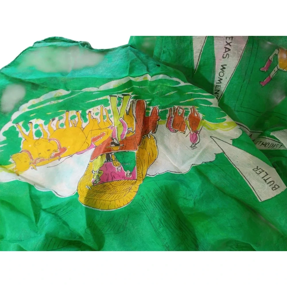 Vintage Texas Souvenir Scarf Silk Green Novelty Map Print Alamo Baylor Austin
